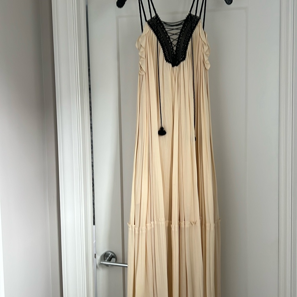 Vintage Rachel Zoe maxi dress with pleated bottom and macrame tie front.